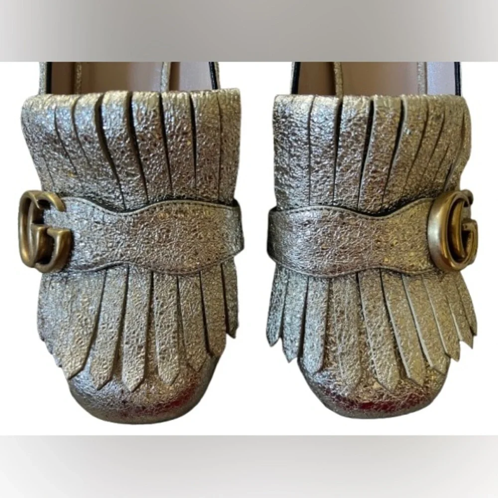 Gucci Galassia GG
Marmont Fringe Block Heel Pumps Gold Leather Foil Size 37.5 - Picture 8 of 9